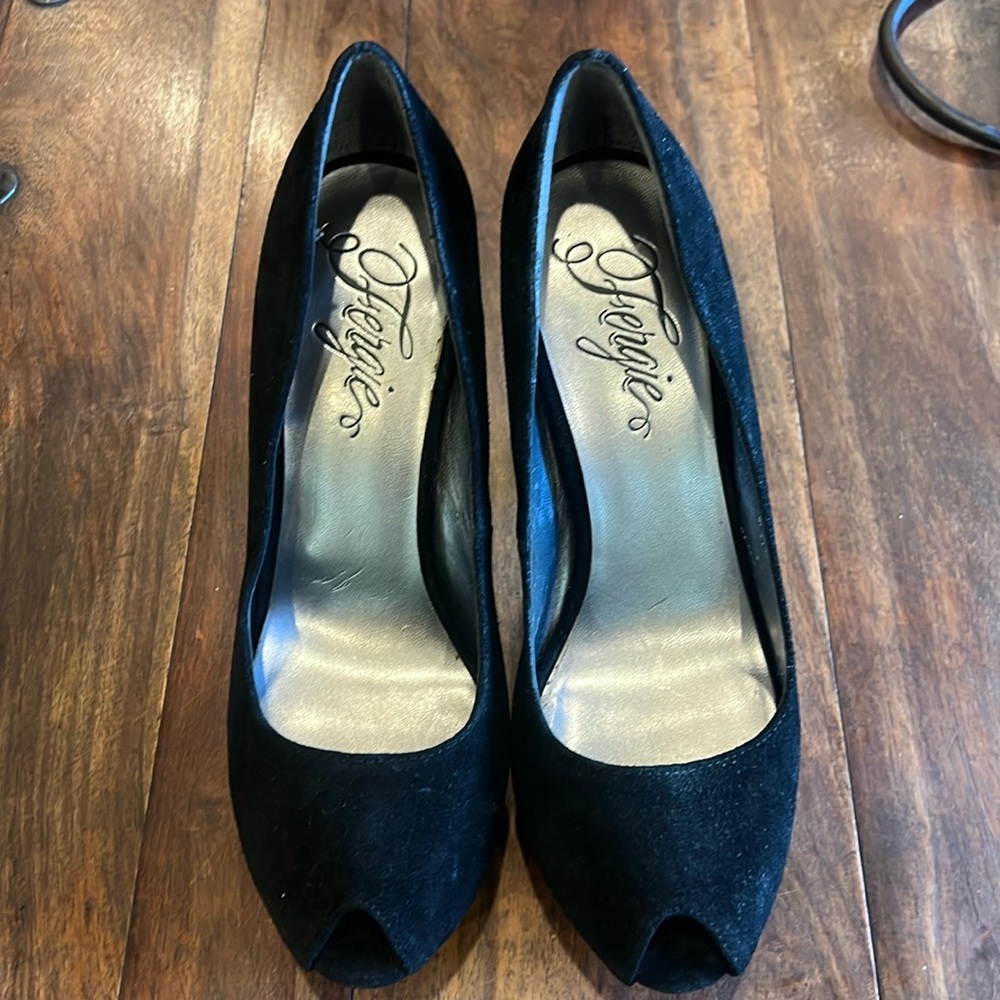 Fergie Black Suede Peep-Toe Pumps